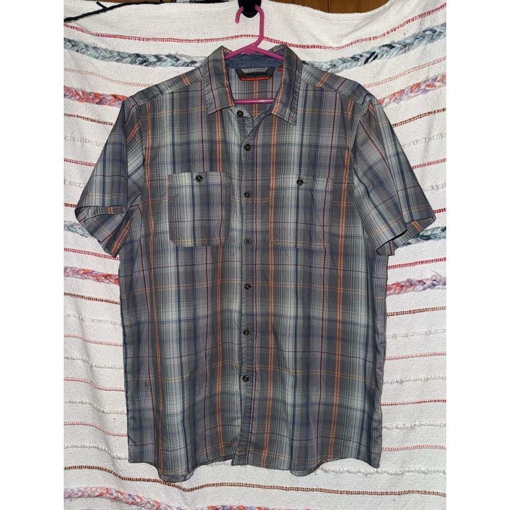 Free Country Plaid Button Down Shirt Mens LG Gray Blue Orange Short Sleeve FC-7